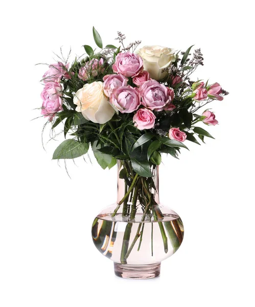 Bellissimo Bouquet Con Rose Isolate Bianco — Foto Stock