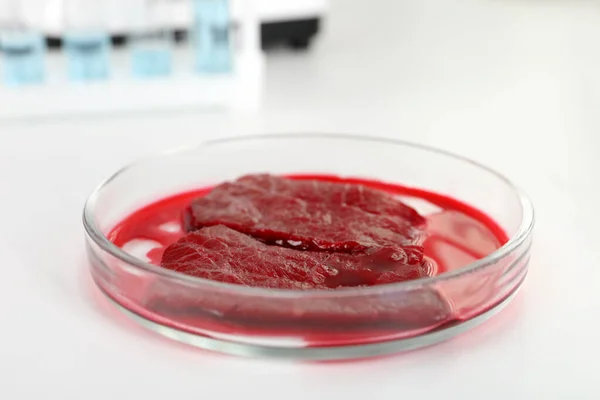 Laboratuvardaki Beyaz Masada Çiğ Parçaları Bulunan Petri Kabı Yakın Plan — Stok fotoğraf