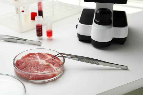 Sample of cultured meat on white lab table