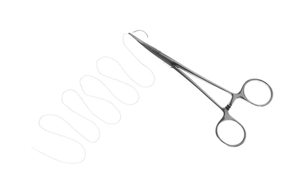 Forceps Met Hechtdraad Witte Achtergrond Bovenaanzicht Medische Apparatuur — Stockfoto