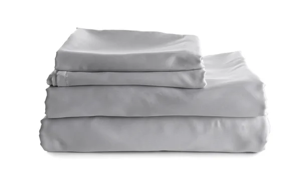 Stack Clean Silky Bed Linen Isolated White — Stock Photo, Image