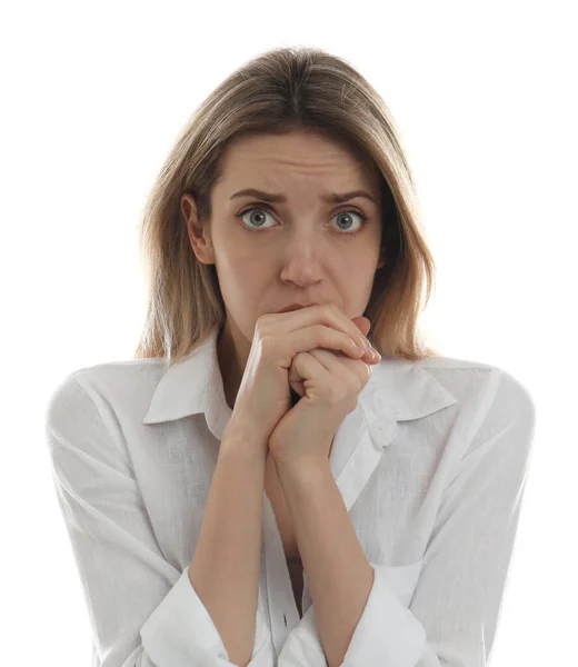 Young Woman Feeling Fear White Background — Stock Photo, Image