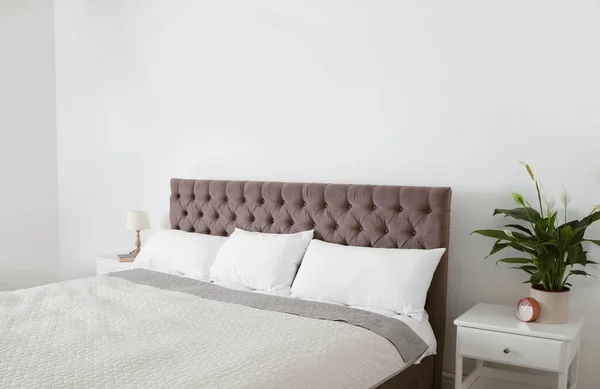 Cama Grande Com Cobertor Travesseiros Apartamento Moderno — Fotografia de Stock