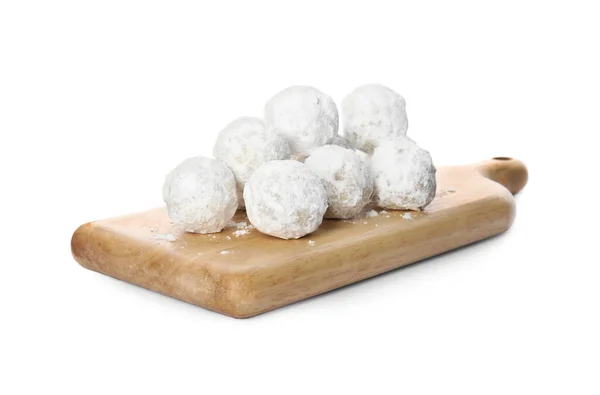 Dřevěné Desky Vánoční Sněhové Koule Cookies Izolované Bílém — Stock fotografie