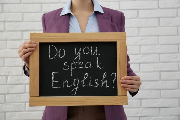 Professor Segurando Pequeno Quadro Com Inscrição Você Fala Inglês Próximo — Fotografia de Stock