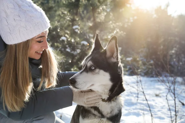 冬の日に森の中で犬と若い女性 テキストのためのスペース — ストック写真