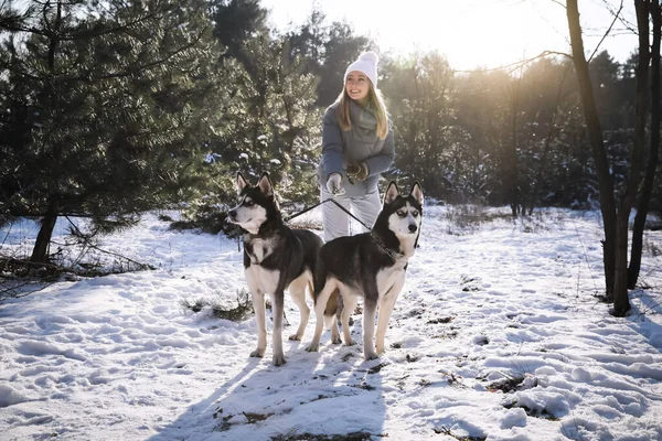 Νεαρή Γυναίκα Σκυλιά Στο Δάσος Την Ημέρα Του Χειμώνα — Φωτογραφία Αρχείου
