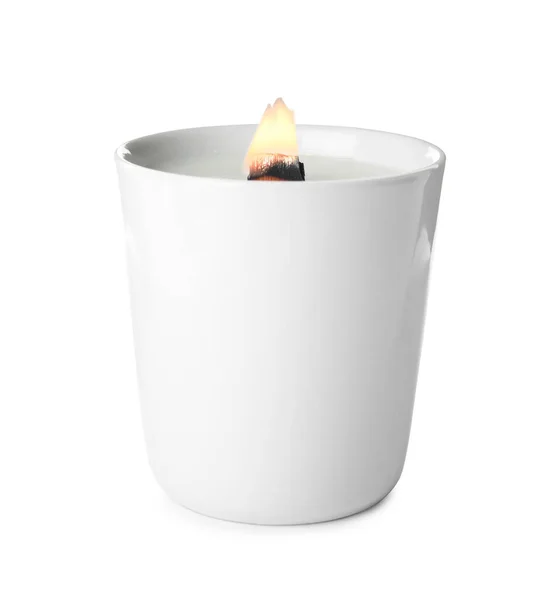 Beautiful Candle Wooden Wick Isolated White — Stock Photo, Image