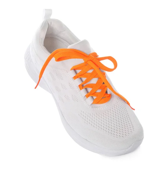 Stijlvolle Sneaker Met Oranje Schoenveters Witte Achtergrond — Stockfoto
