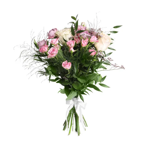 Beau Bouquet Avec Des Roses Isolées Sur Blanc — Photo