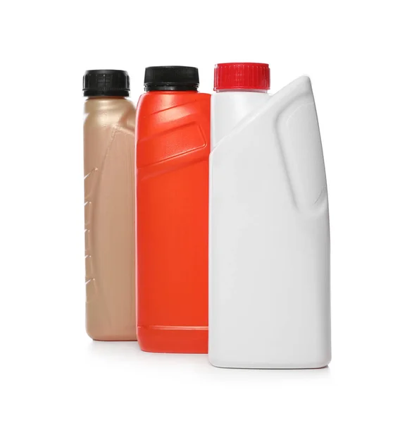 Anticongelante Frascos Plástico Isolados Sobre Branco — Fotografia de Stock