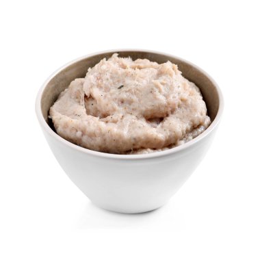 Lezzetli domuz yağı beyaz kasede izole edilmiş.