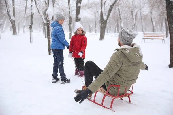 아버지는 자녀들 겨울에 밖에서 시간을 보낸다 크리스마스 — 스톡 사진