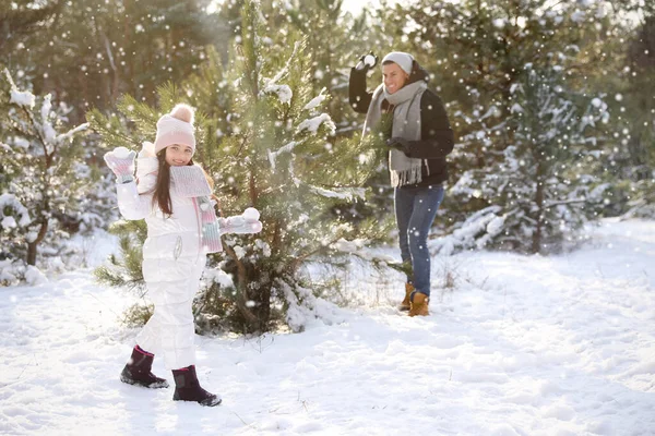 Baba Kızı Kış Günü Dışarıda Kartopu Savaşı Yapıyorlar Noel Tatili — Stok fotoğraf