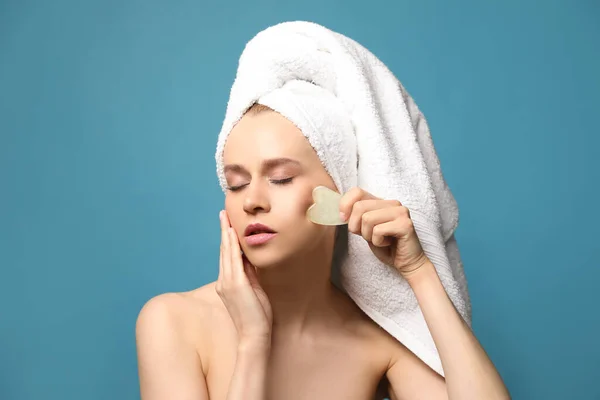 Beautiful Young Woman Doing Facial Massage Gua Sha Tool Blue — Stock Photo, Image