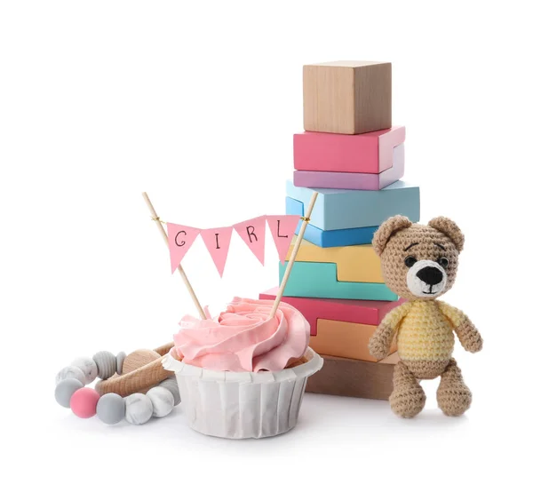 Bebé Ducha Cupcake Con Chica Topper Cerca Juguetes Sobre Fondo — Foto de Stock