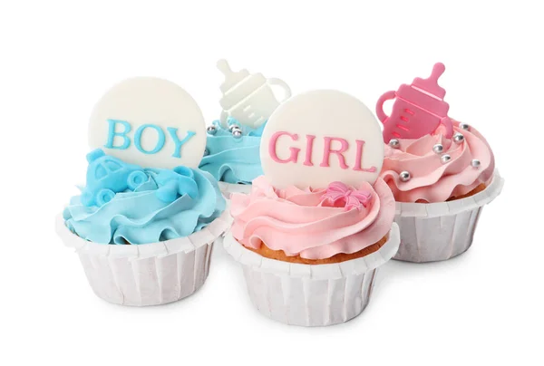 Babyshower Cupcakes Met Lichtblauwe Roze Crème Witte Achtergrond — Stockfoto