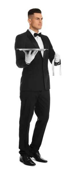 Elegante Butler Met Zilveren Dienblad Geïsoleerd Wit — Stockfoto