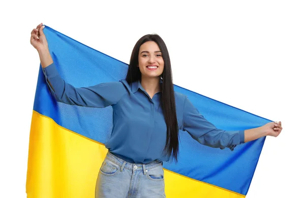 Ung Kvinna Med Flagga Ukraina Vit Bakgrund — Stockfoto