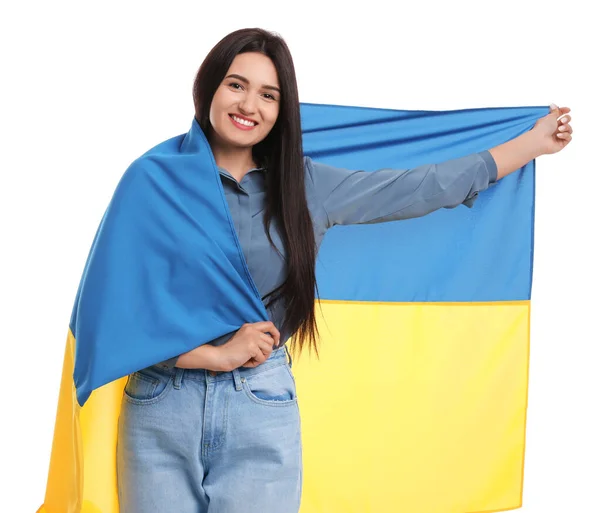 Jeune Femme Avec Drapeau Ukraine Sur Fond Blanc — Photo