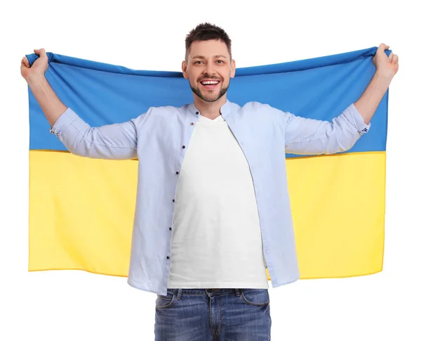 Άνθρωπος Σημαία Της Ουκρανίας Λευκό Φόντο — Φωτογραφία Αρχείου