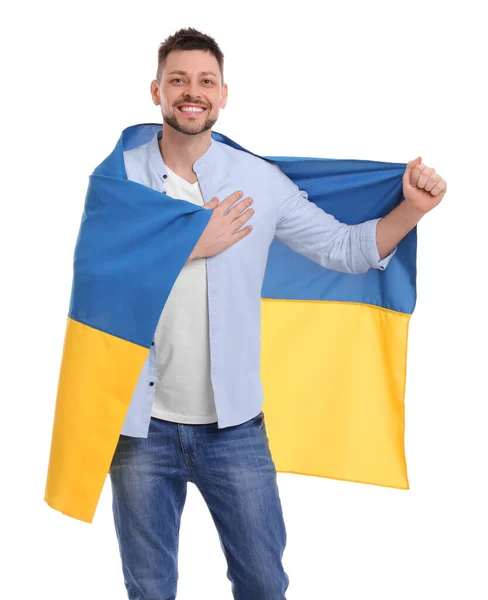 Mann Mit Fahne Der Ukraine Auf Weißem Hintergrund — Stockfoto