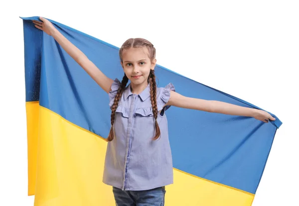 Gelukkig Meisje Met Vlag Van Oekraïne Witte Achtergrond — Stockfoto