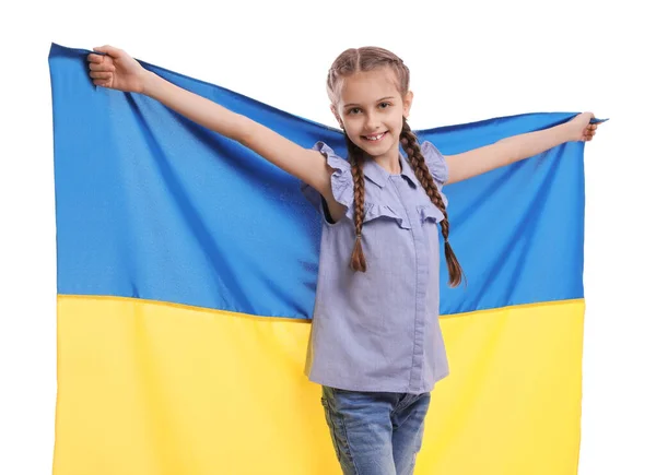 Menina Feliz Com Bandeira Ucrânia Fundo Branco — Fotografia de Stock