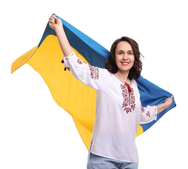 Щаслива Жінка Прапором України Білому Тлі — стокове фото