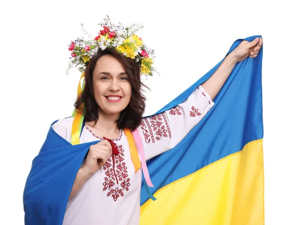 Gelukkige Vrouw Nationale Kleding Met Vlag Van Oekraïne Witte Achtergrond — Stockfoto