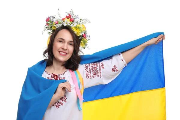 Gelukkige Vrouw Nationale Kleding Met Vlag Van Oekraïne Witte Achtergrond — Stockfoto