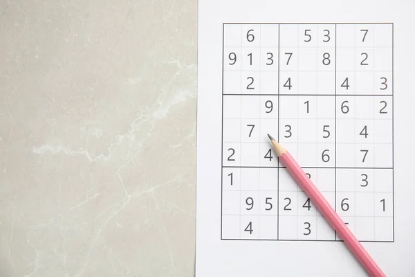 Sudoku Crayon Sur Table Marbre Clair Vue Dessus Espace Pour — Photo