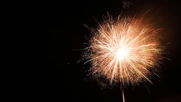 Belo Fogo Artifício Brilhante Iluminando Céu Noturno Espaço Para Texto — Fotografia de Stock