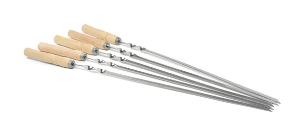 Metal Skewers Wooden Handle White Background — Stock Photo, Image