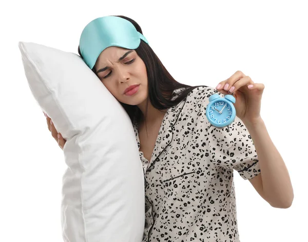 Wanita Tidur Dengan Jam Alarm Dan Bantal Dengan Latar Belakang — Stok Foto