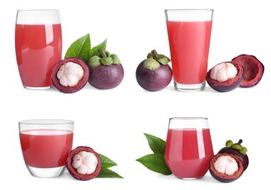 Lezzetli mangosteen suyu ve beyaz arka planda taze meyveler.