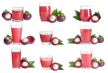 Lezzetli mangosteen suyu ve beyaz arka planda taze meyveler.