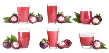 Lezzetli mangosteen suyu ve beyaz arka planda taze meyvelerle dolu. Pankart tasarımı 