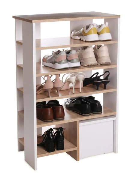 Stylish Shelving Unit Different Pairs Shoes White Background Storage Idea — Stock Photo, Image