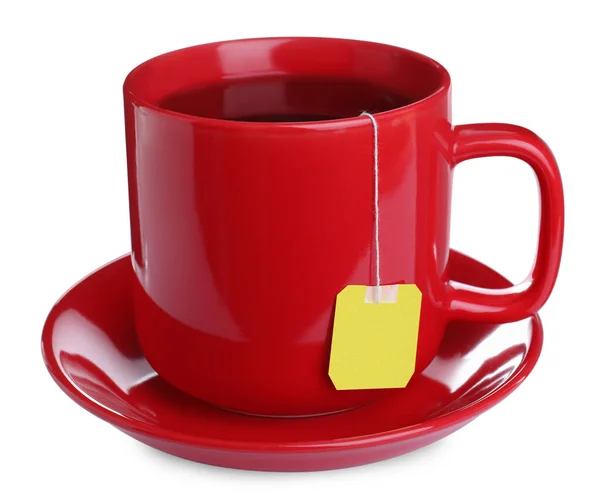 Piros Csésze Teabag Izolált Fehér — Stock Fotó