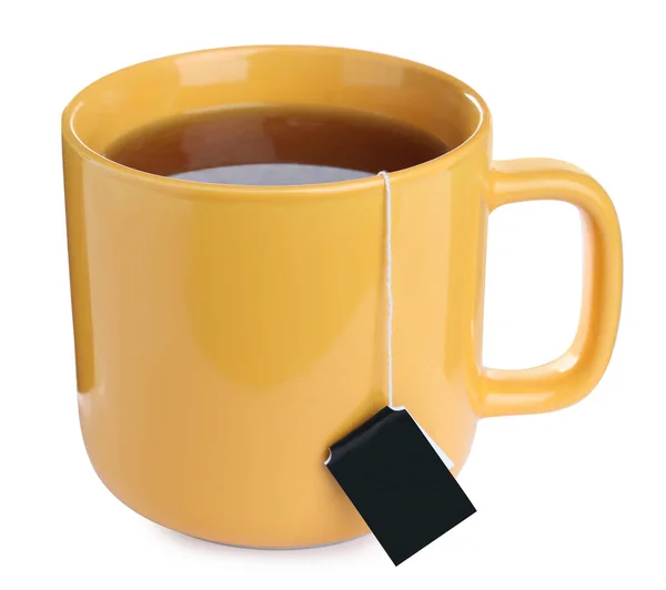 Sárga Csésze Teabag Izolált Fehér — Stock Fotó