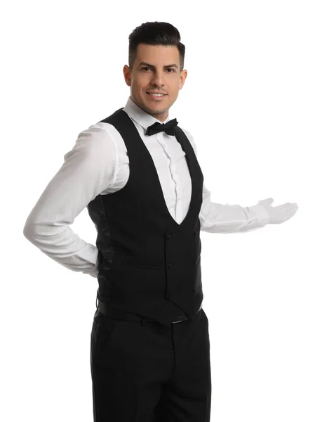 Snygg Butler Elegant Uniform Vit Bakgrund — Stockfoto