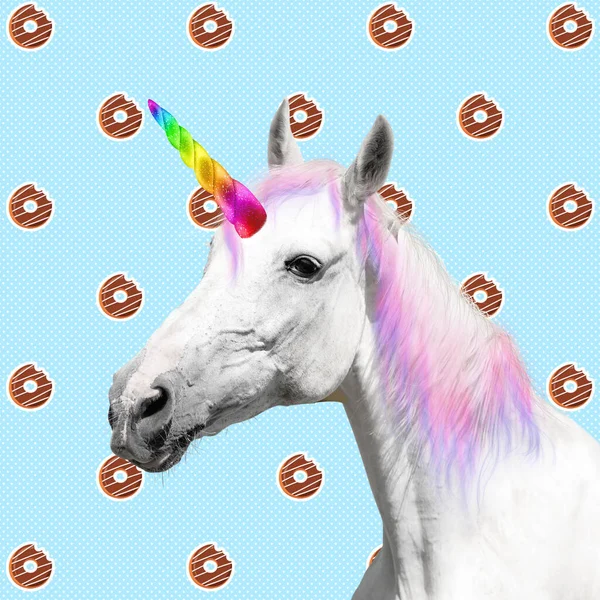 Trendy Art Collage Beautiful Unicorn Color Background — Stock Photo, Image