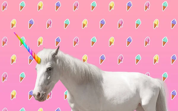 Trendy Art Collage Beautiful Unicorn Color Background — Stock Photo, Image