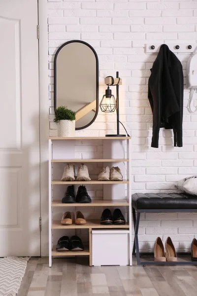 Shelving Unit Shoes Different Accessories White Brick Wall Hall Storage — Stock Photo, Image