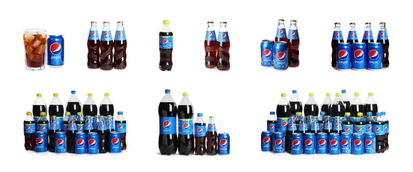 Миколаев Украина Февраля 2021 Года Различные Бутылки Банки Pepsi Белом — стоковое фото