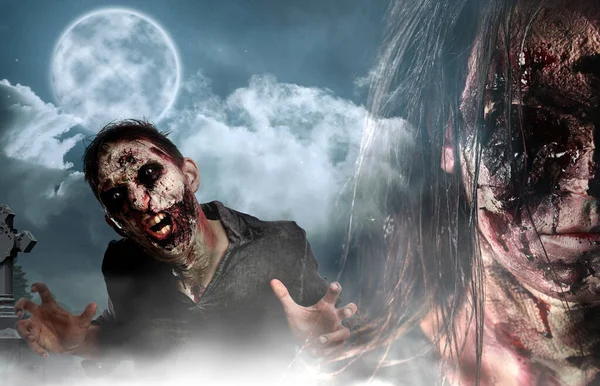 Enge Zombies Mistige Begraafplaats Onder Volle Maan Halloween Ontwerp — Stockfoto