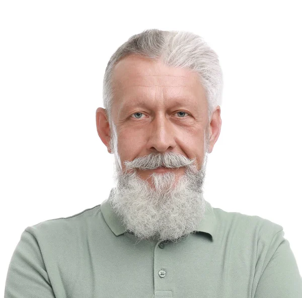 Старший Мужчина После Лечения Потери Волос Белом Фоне Коллаж — стоковое фото