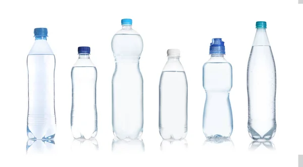 Set Different Bottles Pure Water White Background Banner Design — Stock Photo, Image