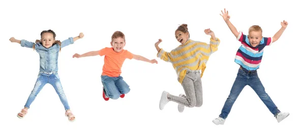 Lindos Niños Saltando Sobre Fondo Blanco Collage Diseño Banner — Foto de Stock